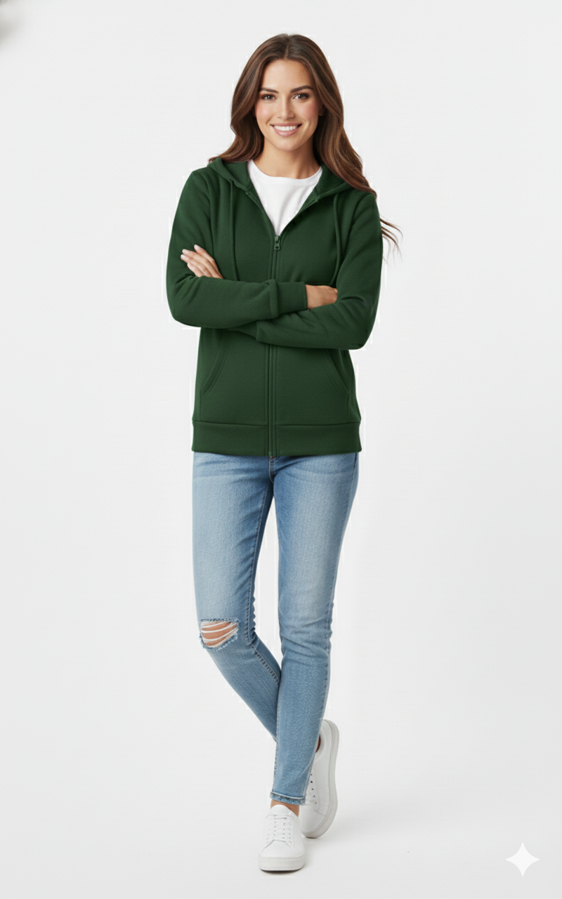 Unisex Dark Green 390 GSM Cotton Zipper Hoodie | Rizqé by Zadine Wholesale Customizable Blanks