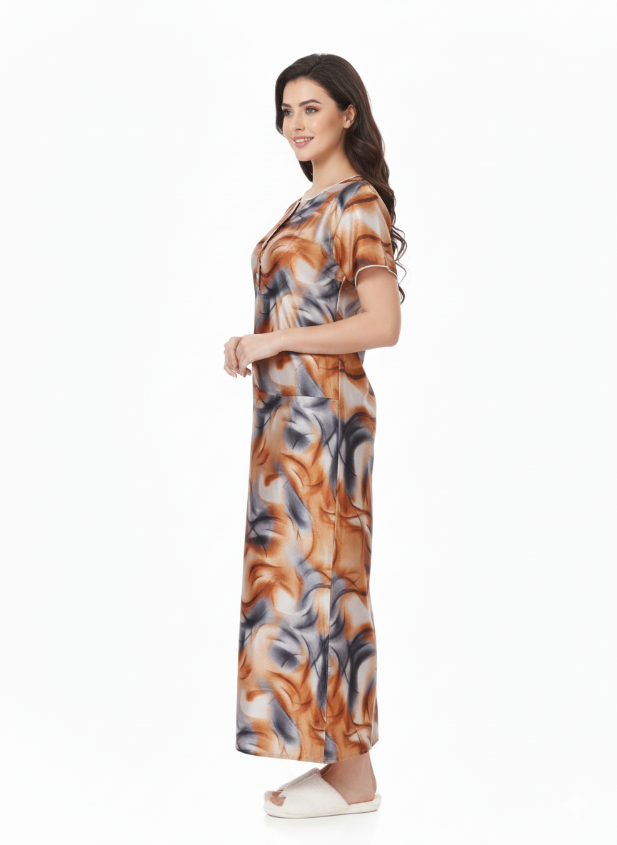 Copper Swirl Print Nightgown | Rizqé by Zadine Abstract Satin/Viscose Feel Maxi Dress