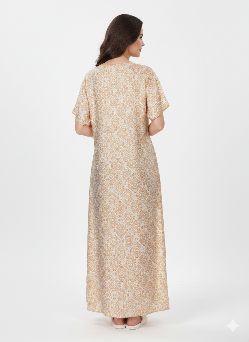 Pale Orange Paisley Print Nightgown | Rizqé by Zadine Italian Satin Feel Maxi Dress