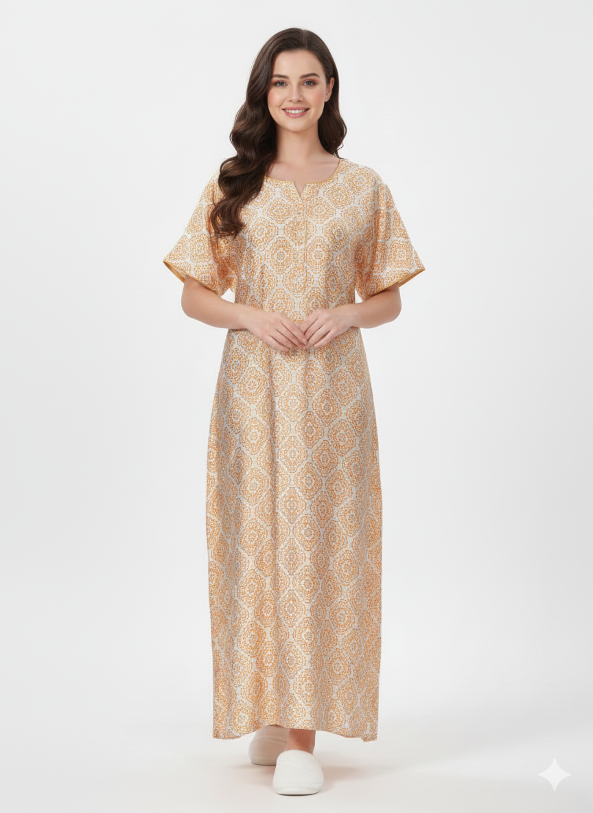Pale Orange Paisley Print Nightgown | Rizqé by Zadine Italian Satin Feel Maxi Dress