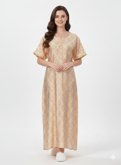 Pale Orange Paisley Print Nightgown | Rizqé by Zadine Italian Satin Feel Maxi Dress