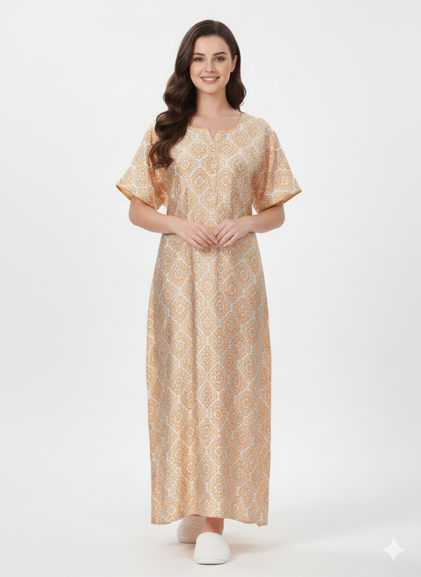 Soft Bloom Kaftan Nightgown | Rizqé Cream Floral Print Satin Feel Maxi Dress