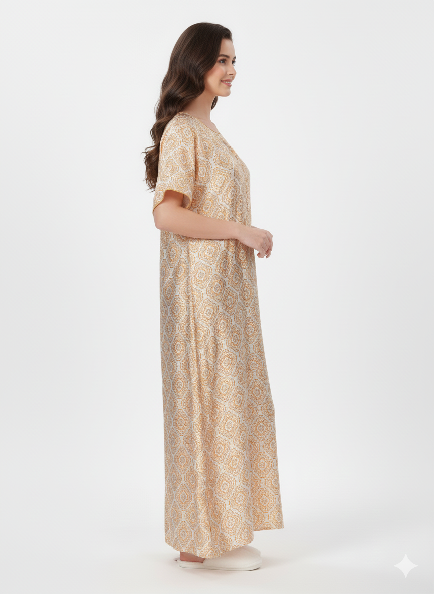 Pale Orange Paisley Print Nightgown | Rizqé by Zadine Italian Satin Feel Maxi Dress