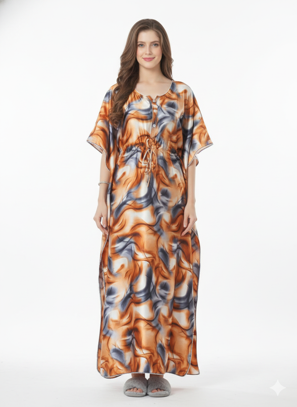 Copper Swirl Kaftan Nightgown | Rizqé Orange & Grey Abstract Italian Satin Feel Maxi Dress