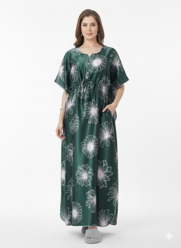 Emerald Garden Kaftan Nightgown | Rizqé Dark Green Floral Print Satin Feel Maxi Dress