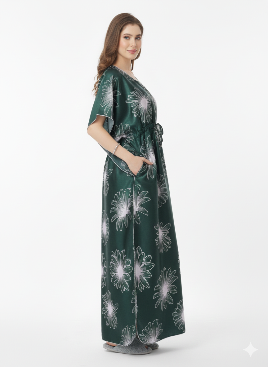 Emerald Garden Kaftan Nightgown | Rizqé Dark Green Floral Print Satin Feel Maxi Dress