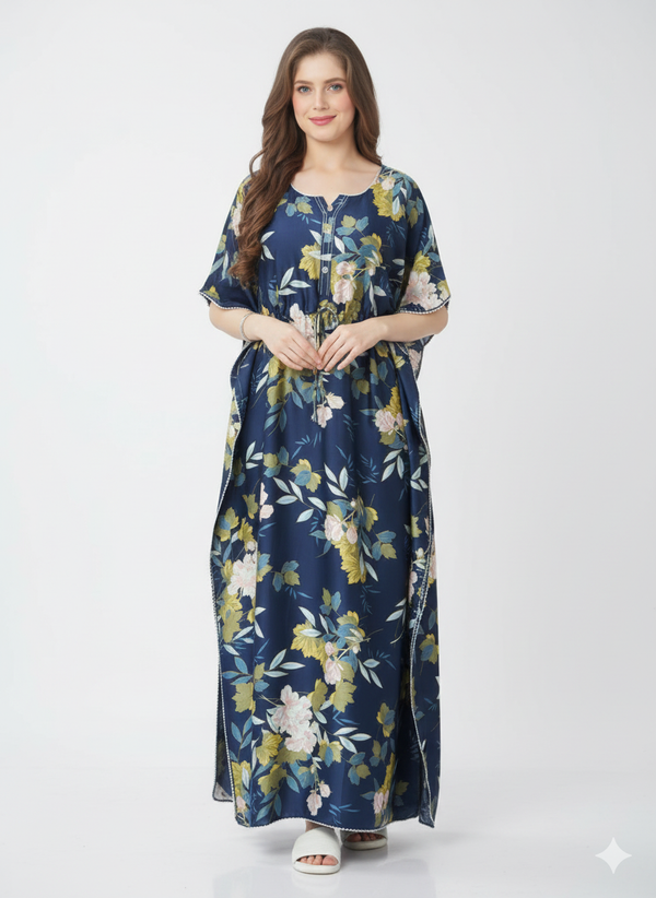 Midnight Flora Kaftan Nightgown | Rizqé Navy Blue Floral Print Satin Feel Maxi Dress
