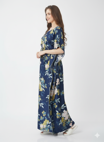 Midnight Flora Kaftan Nightgown | Rizqé Navy Blue Floral Print Satin Feel Maxi Dress