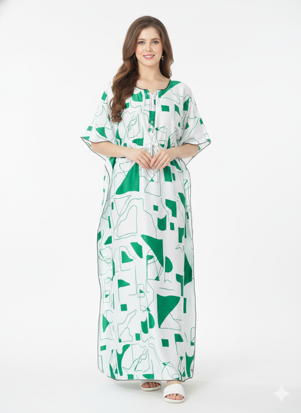 Geometric Garden Kaftan Nightgown | Rizqé White & Green Abstract Satin Feel Maxi Dress
