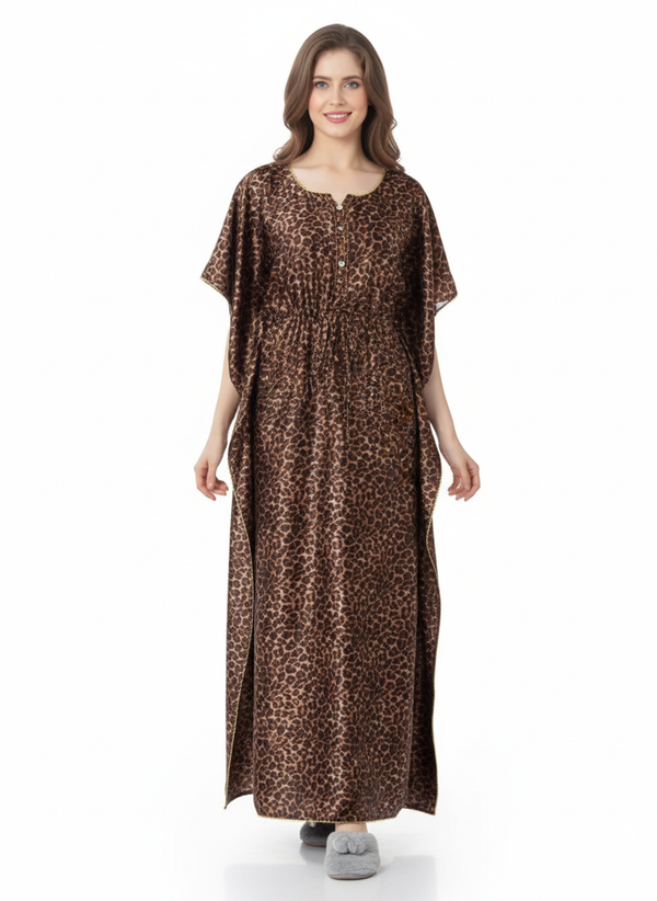 Safari Luxe Kaftan Nightgown | Rizqé Brown Leopard Print Italian Satin Feel Maxi Dress