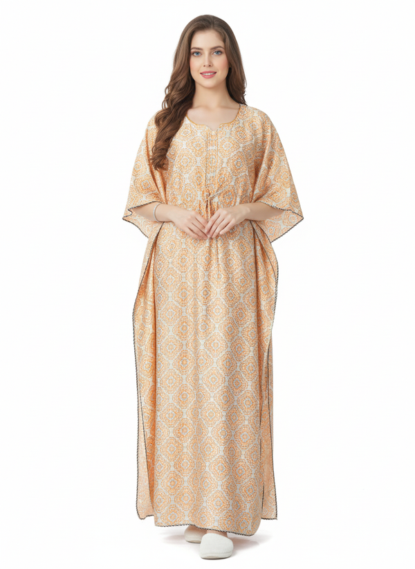 Soft Bloom Kaftan Nightgown | Rizqé Cream Floral Print Satin Feel Maxi Dress
