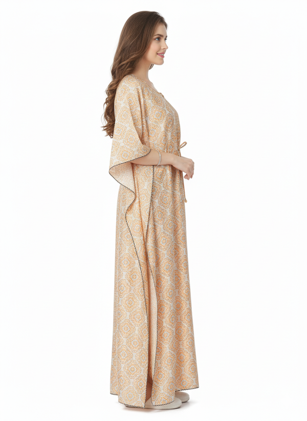 Soft Bloom Kaftan Nightgown | Rizqé Cream Floral Print Satin Feel Maxi Dress