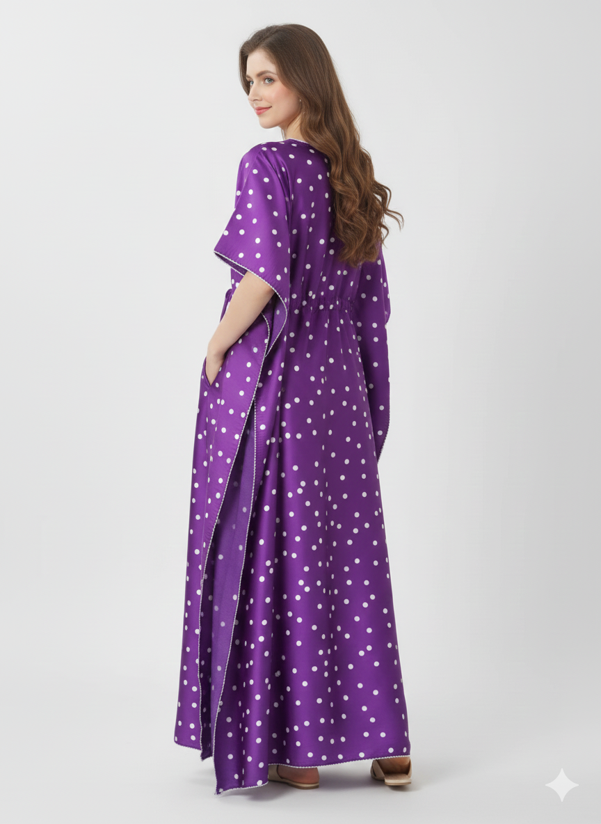 Violet Polka Dot Kaftan Nightgown | Rizqé by Zadine Purple Satin/Viscose Feel Maxi Dress