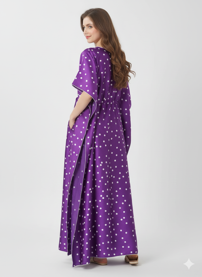 Violet Polka Dot Kaftan Nightgown | Rizqé by Zadine Purple Satin/Viscose Feel Maxi Dress
