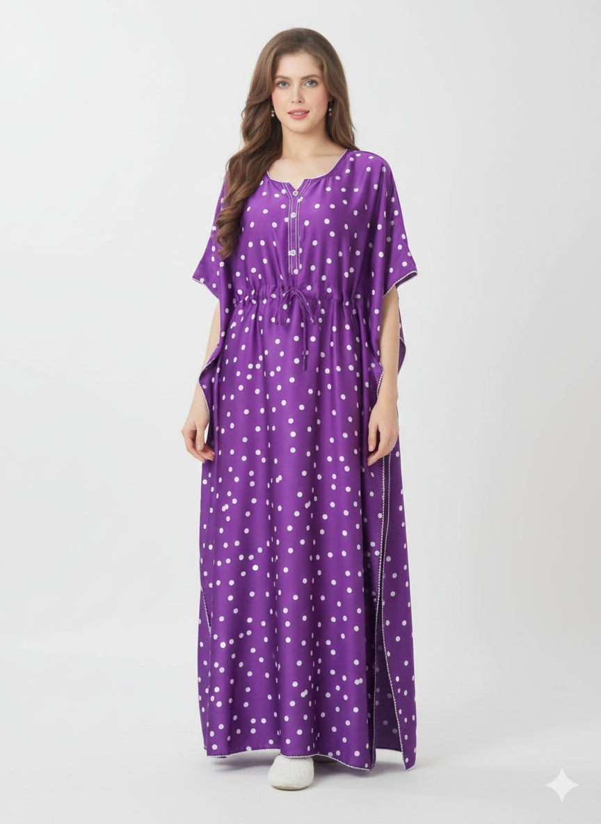 Violet Polka Dot Kaftan Nightgown | Rizqé by Zadine Purple Satin/Viscose Feel Maxi Dress
