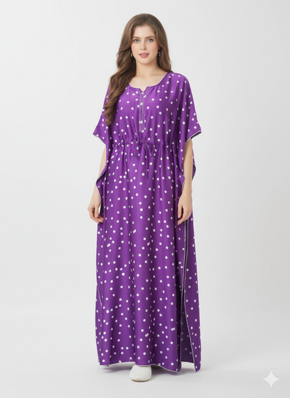 Violet Polka Dot Kaftan Nightgown | Rizqé by Zadine Purple Satin/Viscose Feel Maxi Dress