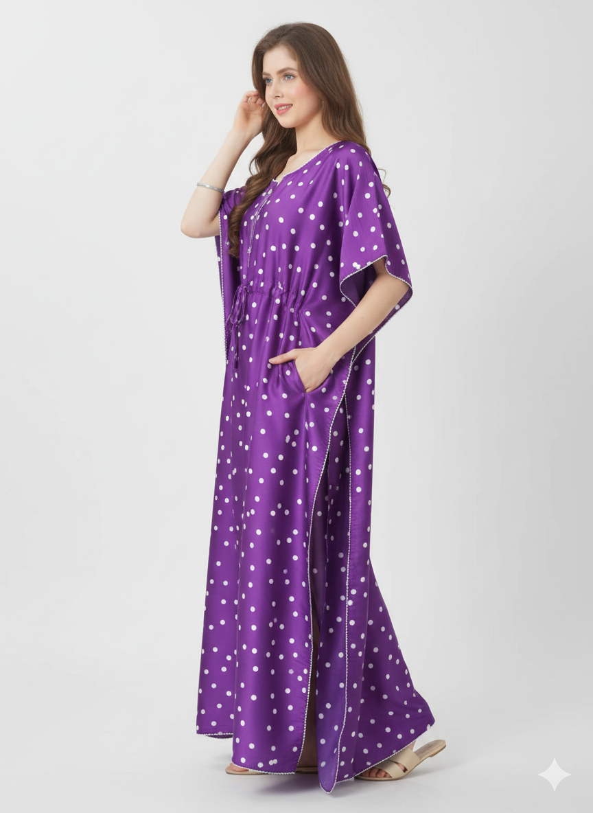 Violet Polka Dot Kaftan Nightgown | Rizqé by Zadine Purple Satin/Viscose Feel Maxi Dress