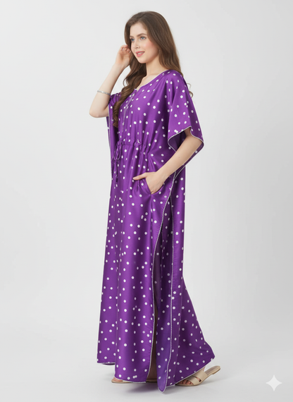 Violet Polka Dot Kaftan Nightgown | Rizqé by Zadine Purple Satin/Viscose Feel Maxi Dress