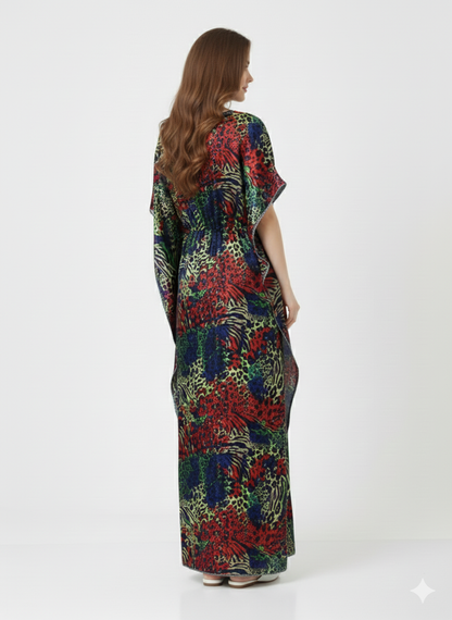 Jewel Safari Kaftan Nightgown Wholesale | Rizqé Multi-Color Animal Print Dress