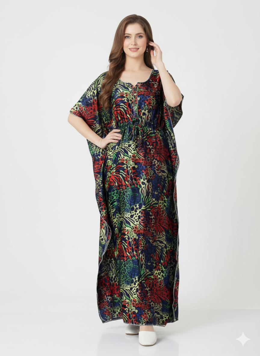 Jewel Safari Kaftan Nightgown Wholesale | Rizqé Multi-Color Animal Print Dress