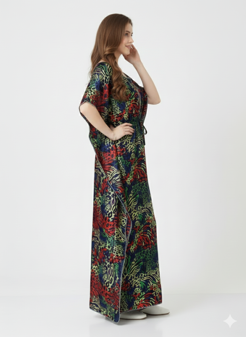 Jewel Safari Kaftan Nightgown Wholesale | Rizqé Multi-Color Animal Print Dress