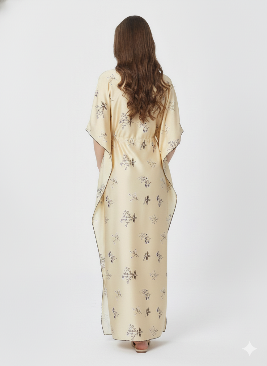 Meadow Bloom Kaftan Nightgown | Rizqé Cream Floral Print Satin Feel Maxi Dress
