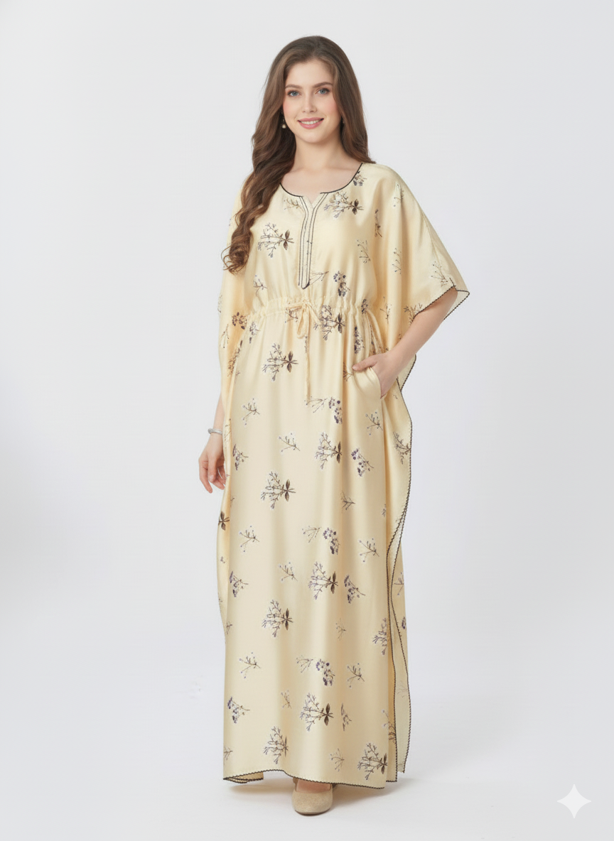 Meadow Bloom Kaftan Nightgown | Rizqé Cream Floral Print Satin Feel Maxi Dress