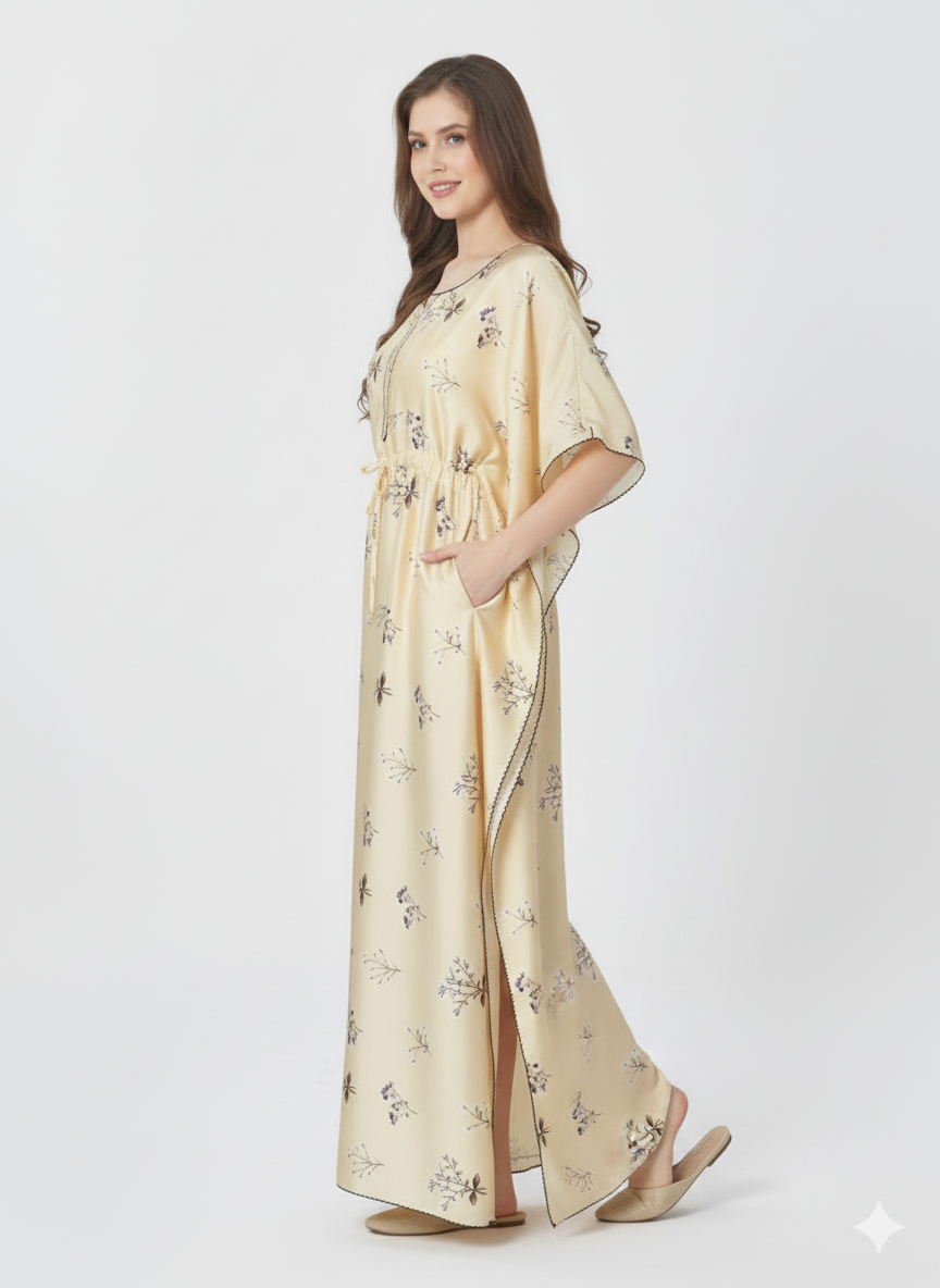 Meadow Bloom Kaftan Nightgown | Rizqé Cream Floral Print Satin Feel Maxi Dress