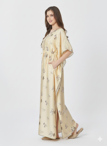 Meadow Bloom Kaftan Nightgown | Rizqé Cream Floral Print Satin Feel Maxi Dress