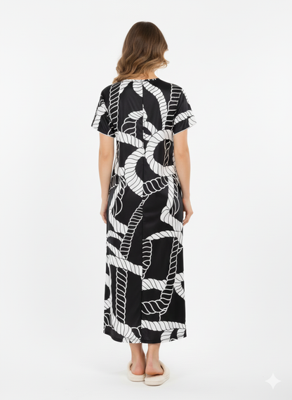 Black & White Rope Print Nightgown | Rizqé by Zadine Luxury Italian Satin Feel Maxi Dress