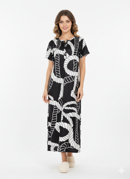 Black & White Rope Print Nightgown | Rizqé by Zadine Luxury Italian Satin Feel Maxi Dress