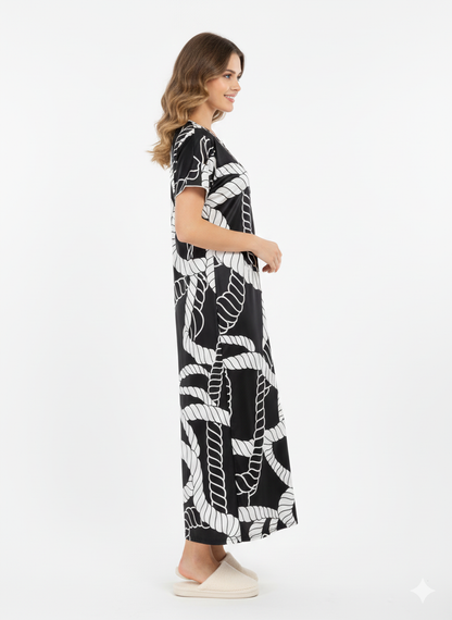 Black & White Rope Print Nightgown | Rizqé by Zadine Luxury Italian Satin Feel Maxi Dress