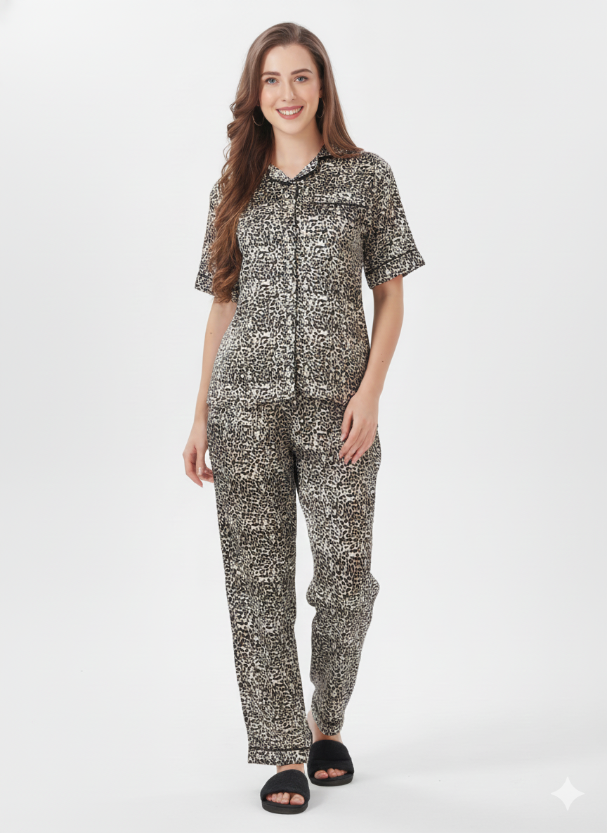 Midnight Leopard Satin Nightsuit | Rizqé by Zadine Grey Animal Print Pyjama Set