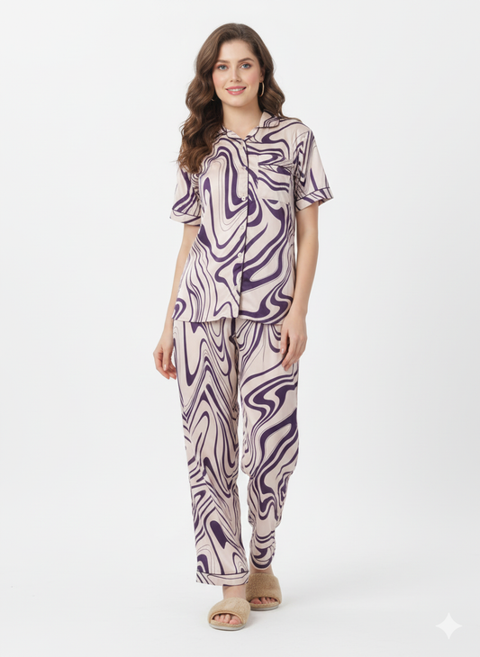 Marble Swirl Satin Nightsuit | Rizqé by Zadine Purple Abstract Print Pyjama Set