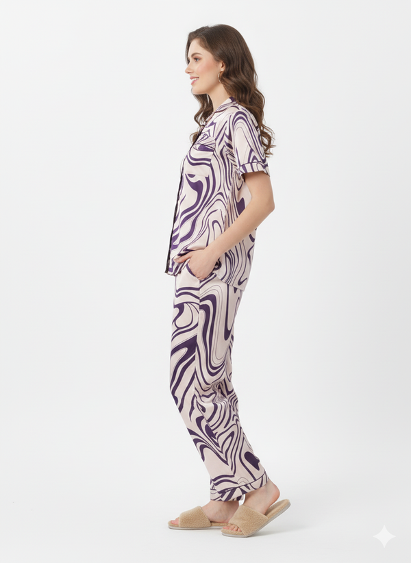 Marble Swirl Satin Nightsuit | Rizqé by Zadine Purple Abstract Print Pyjama Set