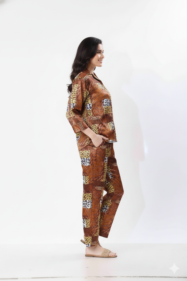 Savanna Patchwork Italian Satin Nightsuit | Rizqé by Zadine Mixed Animal Print Pyjama Set