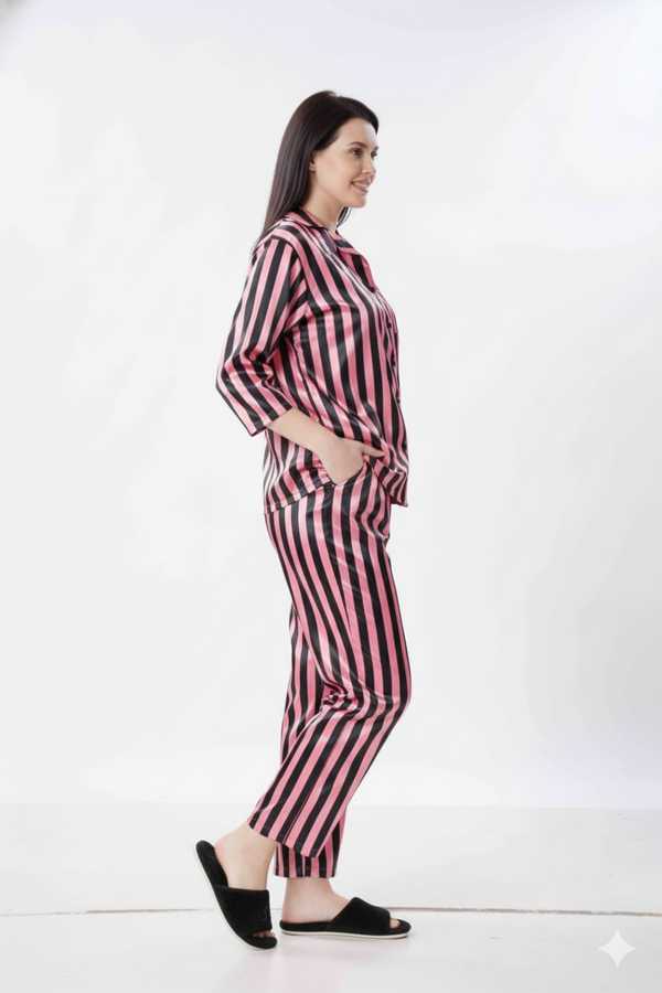 Venetian Stripe Italian Satin Nightsuit | Rizqé by Zadine Pink & Black Stripe Pyjama Set