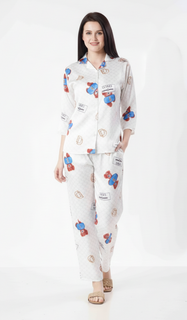 Teddy Bear Love Printed Nightsuit | Rizqé by Zadine Novelty Pyjama Set White & Red