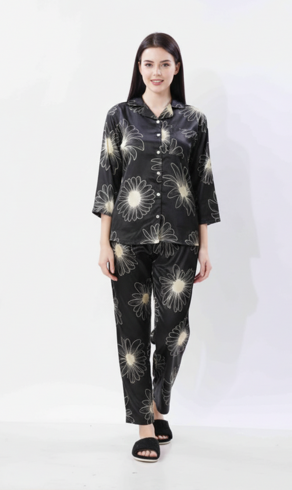 Midnight Daisy Italian Satin Nightsuit | Rizqé by Zadine Black & Beige Floral Print Pyjama Set