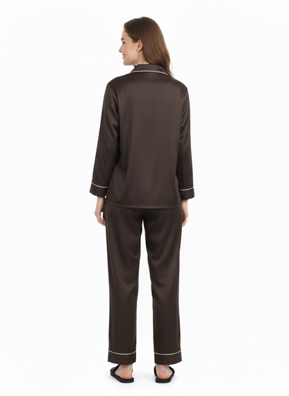Espresso Luxe Armani Satin Nightsuit | Rizqé by Zadine Solid Brown Pyjama Set