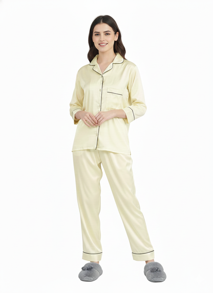 Lemon Chiffon Armani Satin Nightsuit | Luxe Rizqé by Zadine Cream/Yellow Pyjama Set
