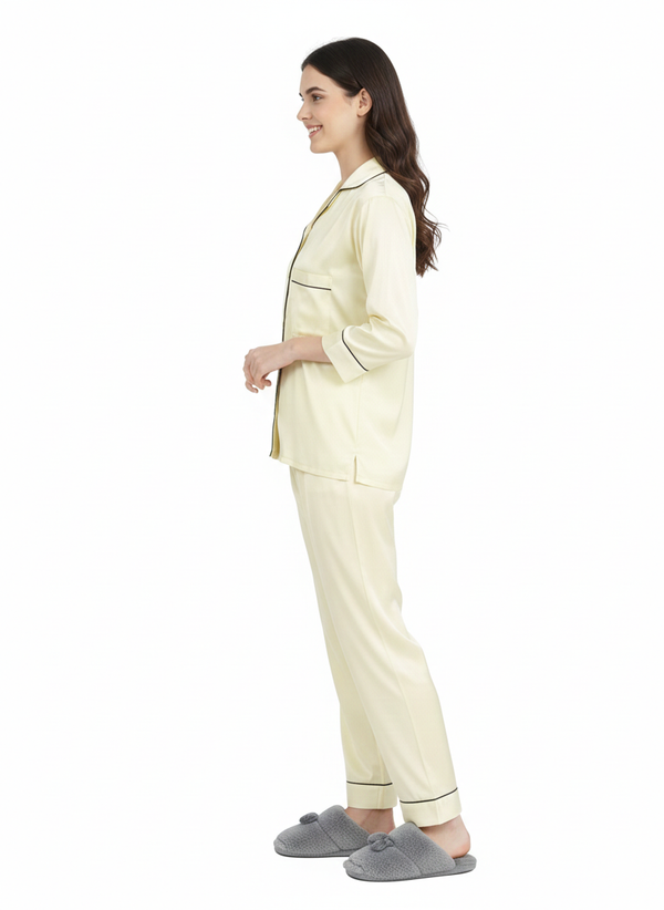 Lemon Chiffon Armani Satin Nightsuit | Luxe Rizqé by Zadine Cream/Yellow Pyjama Set