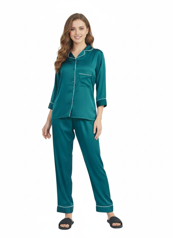 Emerald Jewel Armani Satin Nightsuit | Premium Rizqé by Zadine Deep Green Pyjama Set