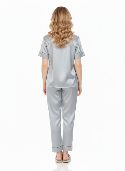 Imported Italian Satin Nightsuit | Silver Grey Luxury Pajamas Set | Premium Silky Sleepwear