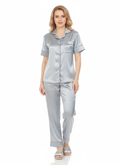 Imported Italian Satin Nightsuit | Silver Grey Luxury Pajamas Set | Premium Silky Sleepwear