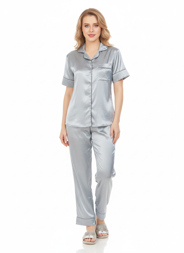 Imported Italian Satin Nightsuit | Silver Grey Luxury Pajamas Set | Premium Silky Sleepwear