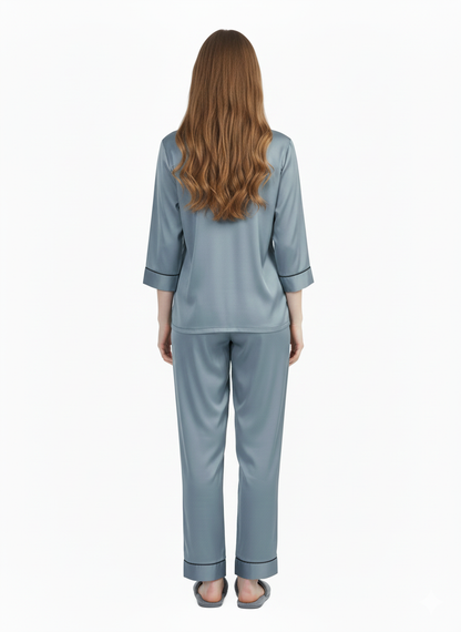 Dusty Blue Grey Armani Satin Nightsuit |Premium  Rizqé by Zadine Pyjama Set