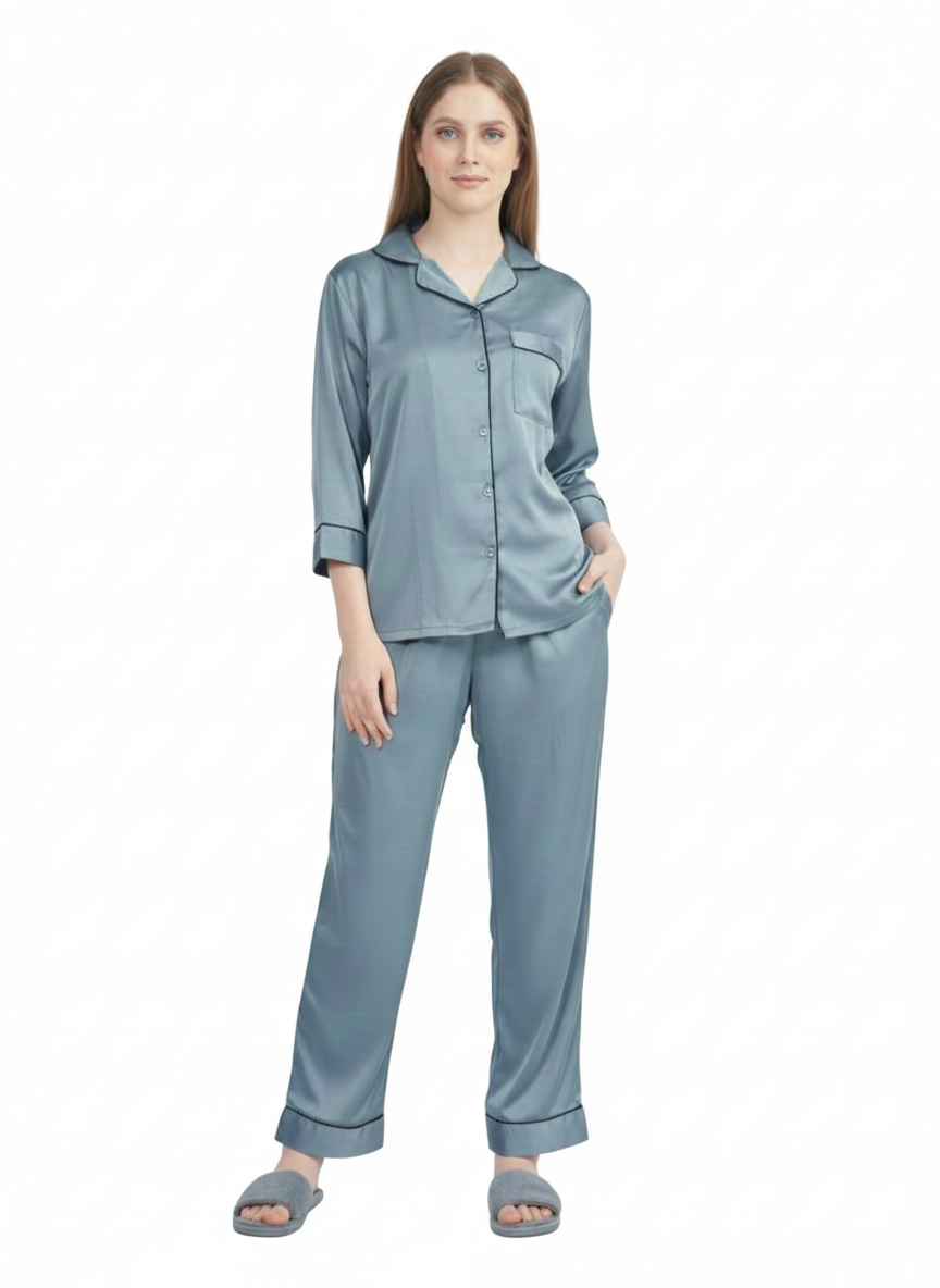 Dusty Blue Grey Armani Satin Nightsuit |Premium  Rizqé by Zadine Pyjama Set