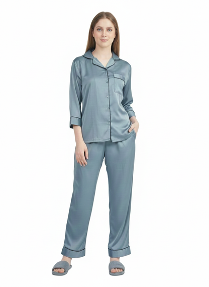 Dusty Blue Grey Armani Satin Nightsuit |Premium  Rizqé by Zadine Pyjama Set