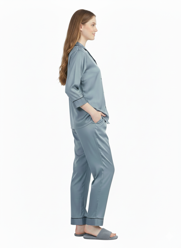 Dusty Blue Grey Armani Satin Nightsuit |Premium  Rizqé by Zadine Pyjama Set